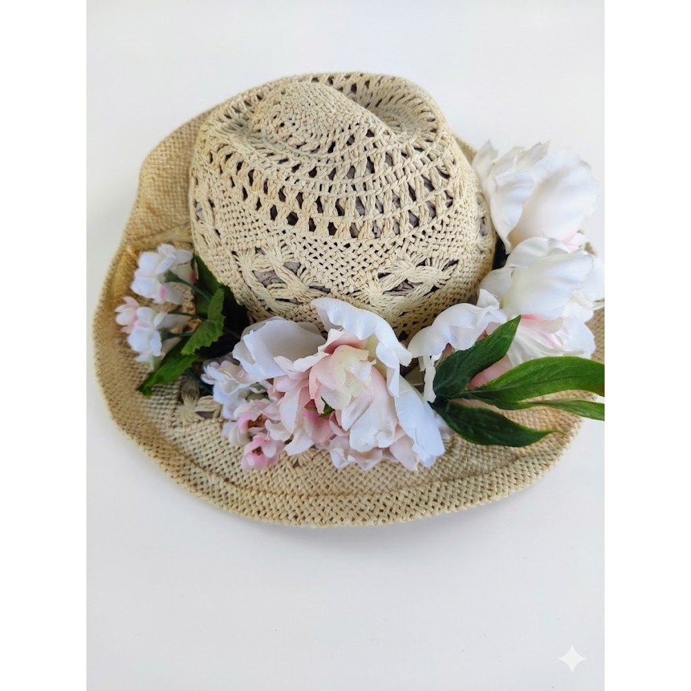 Boho Floral Straw Fedora Wide Brim Sun Hat Peony Accents Gold Ring Detail Strap
